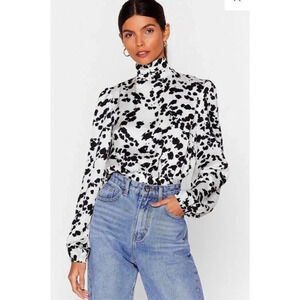 Nasty Gal Black White Animal Print Tie Front‎ Blouse Women’s Size 0